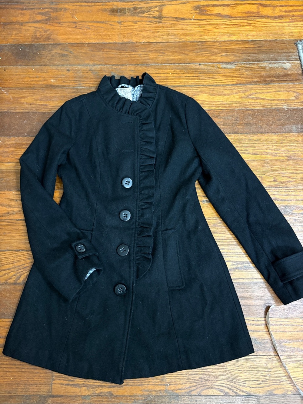 Tulle vintage inspired Black Ruffle-Trim Wool Pea Coat women’s size small